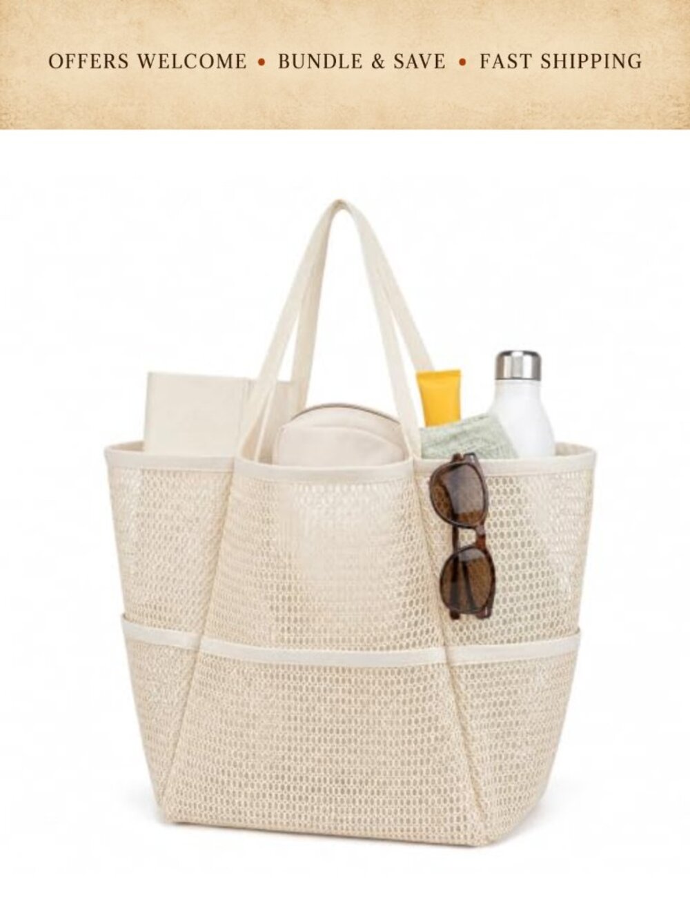 Mesh Beach Tote Bag Foldable Pool Travel Tote with Pockets Lightweight Polyester